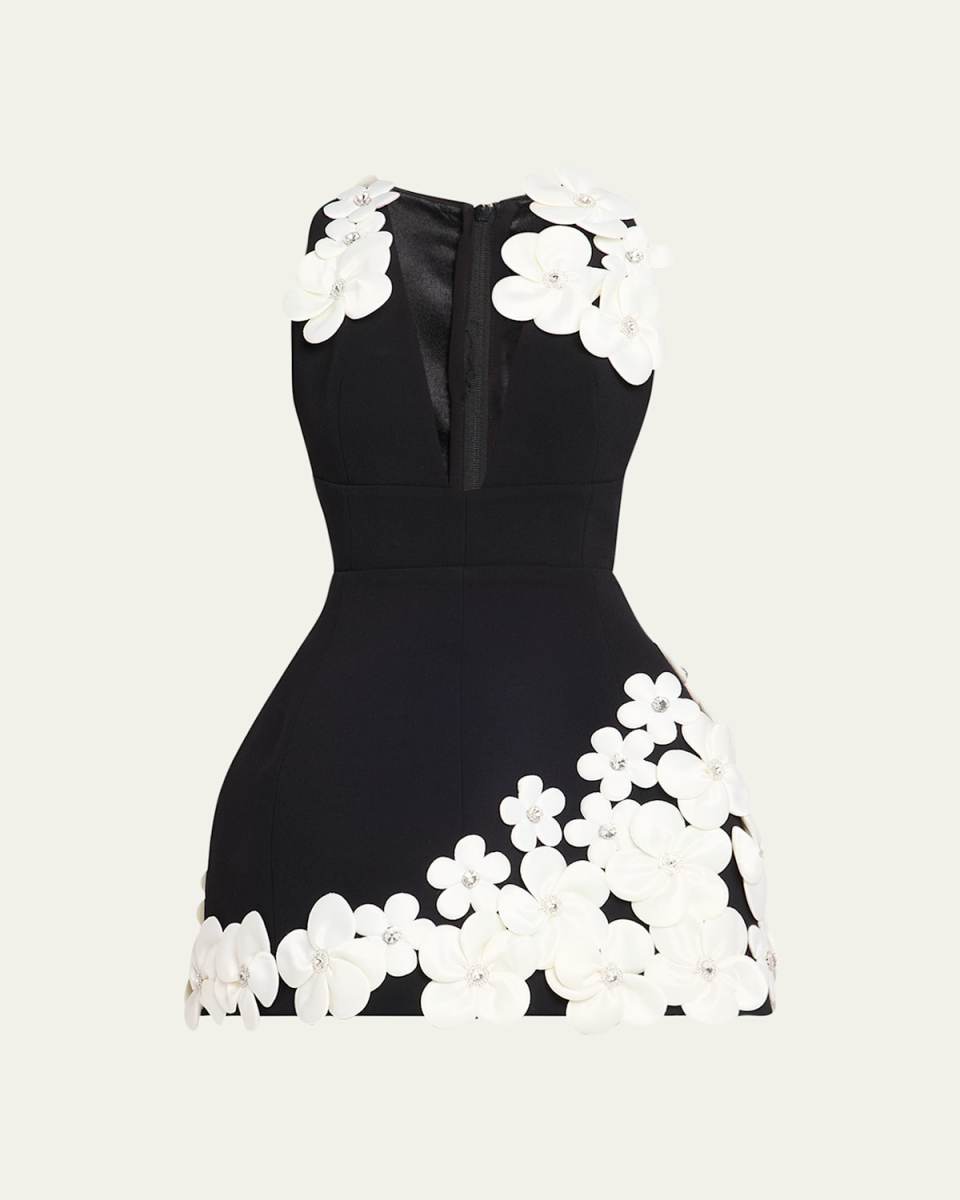 Estelle Deep V-Neck Floral Applique Mini Dress